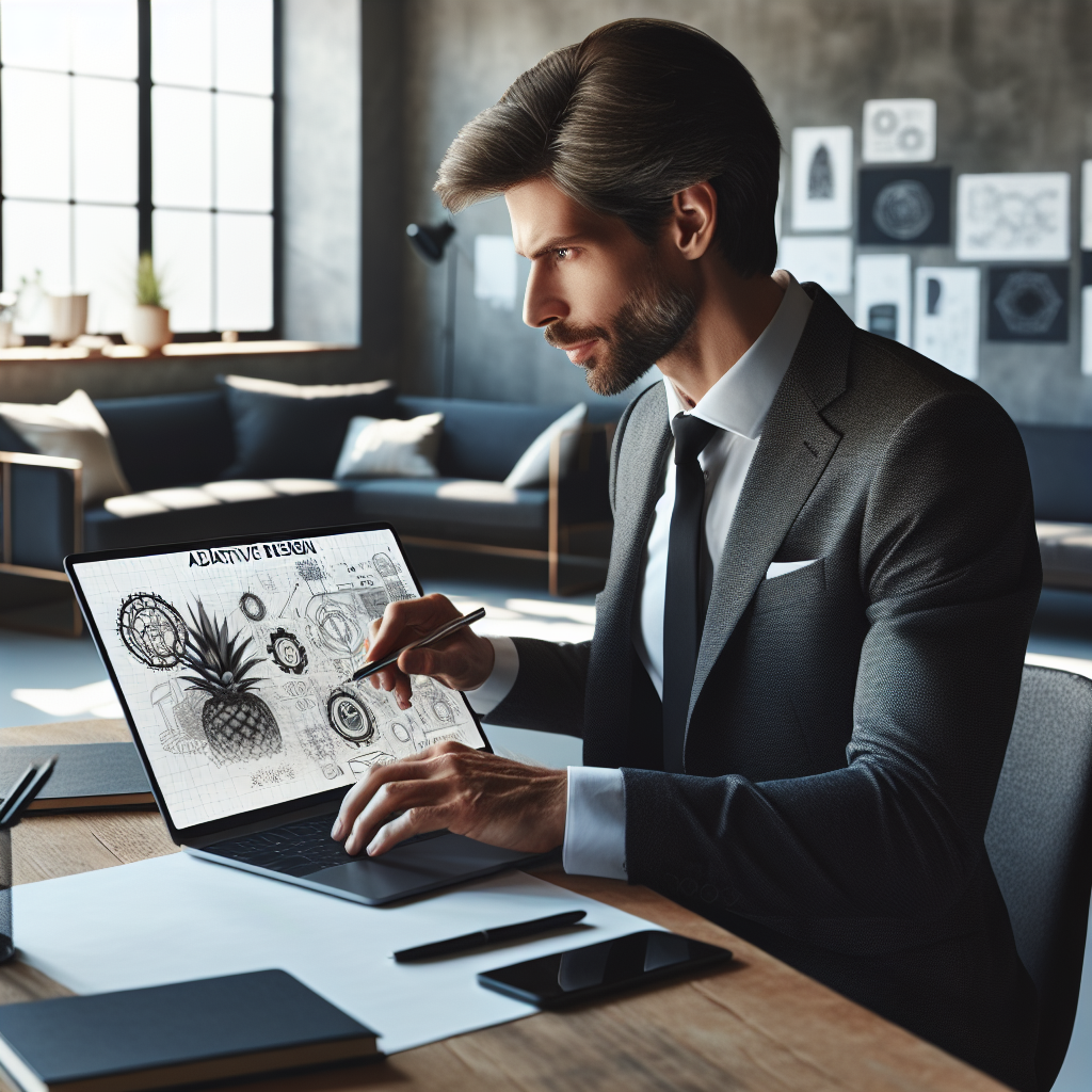 Un designer travaillant sur un ordinateur portable avec des croquis de design adaptatif affichés à l'écran.
