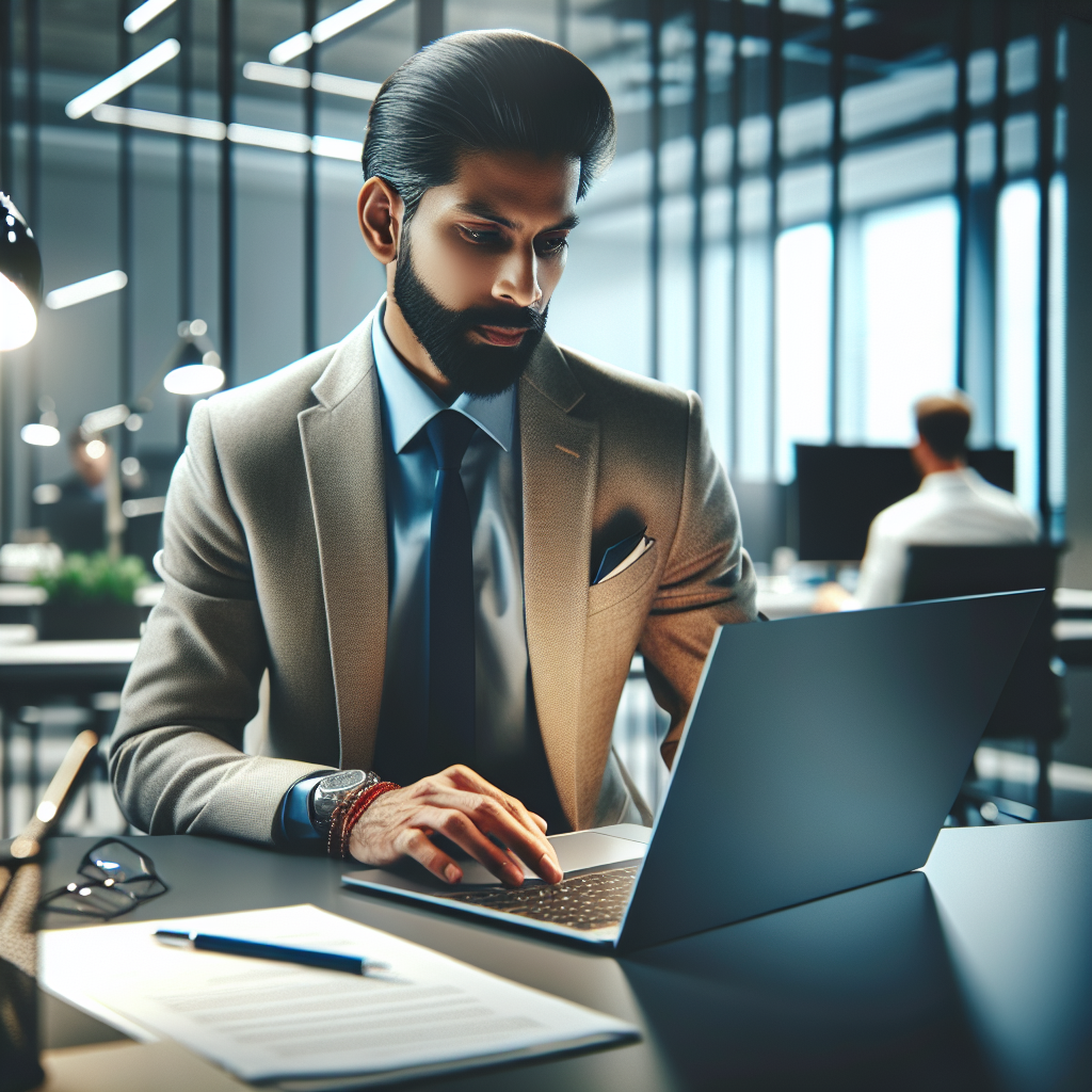 Un entrepreneur utilisant un ordinateur portable dans un bureau moderne.