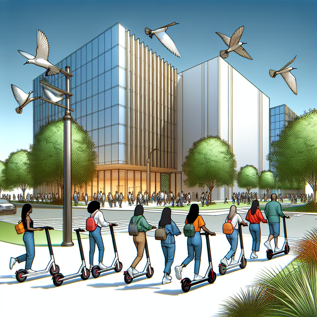 Un groupe de trottinettes électriques alignées devant un bâtiment moderne.