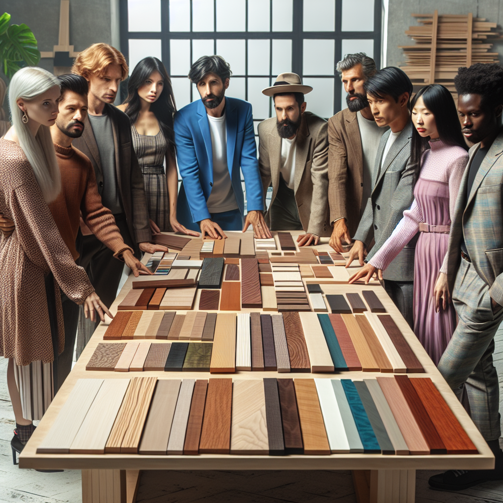 Un groupe diversifié de personnes discutant autour d'une table avec des échantillons de bois.