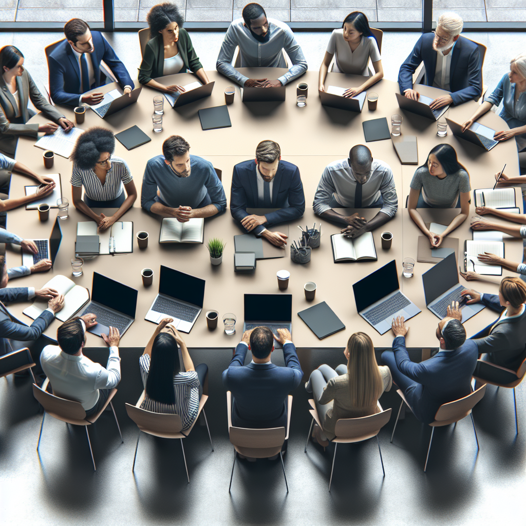 Un groupe diversifié de personnes discutant autour d'une table avec des ordinateurs portables.