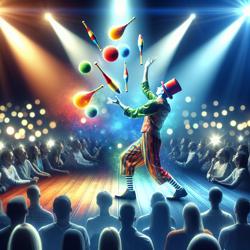 Un jongleur coloré sur scène avec des projecteurs lumineux.