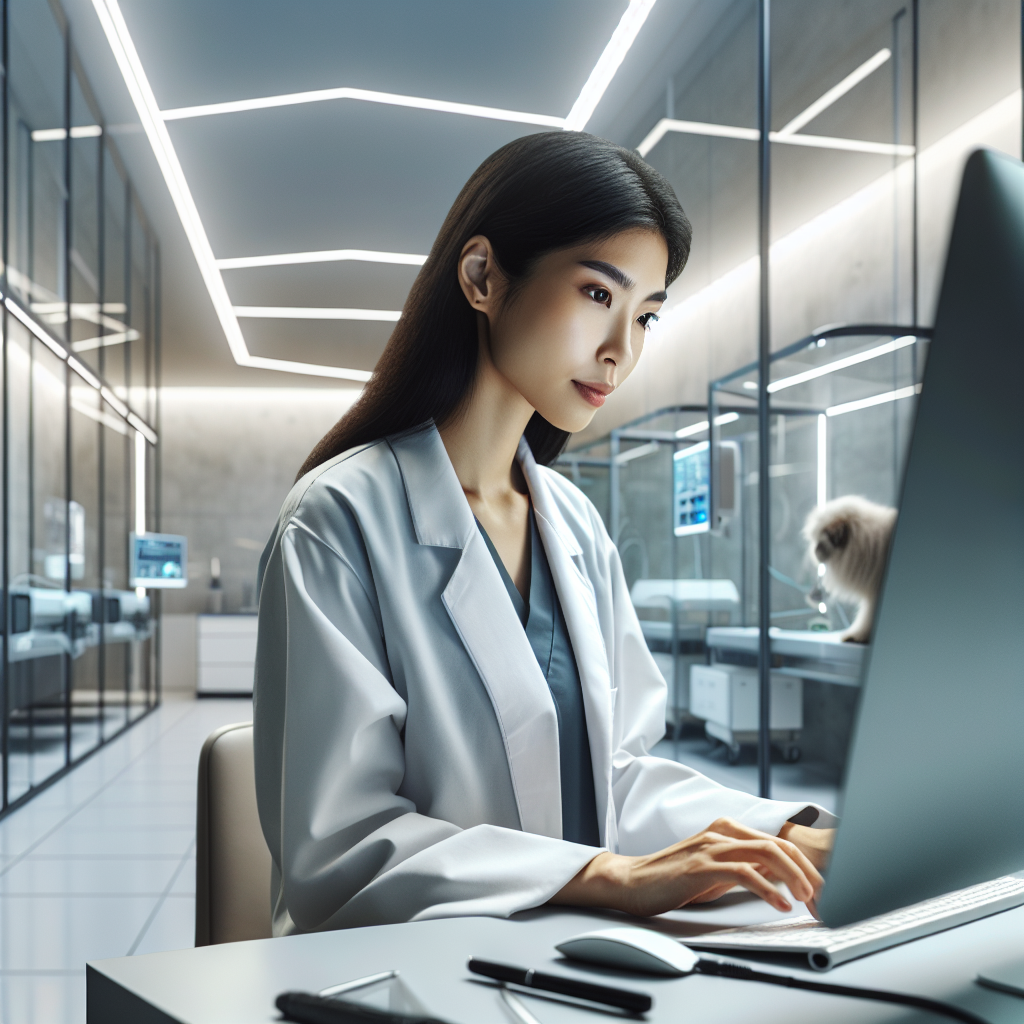 Un vétérinaire utilisant un ordinateur dans une clinique moderne.