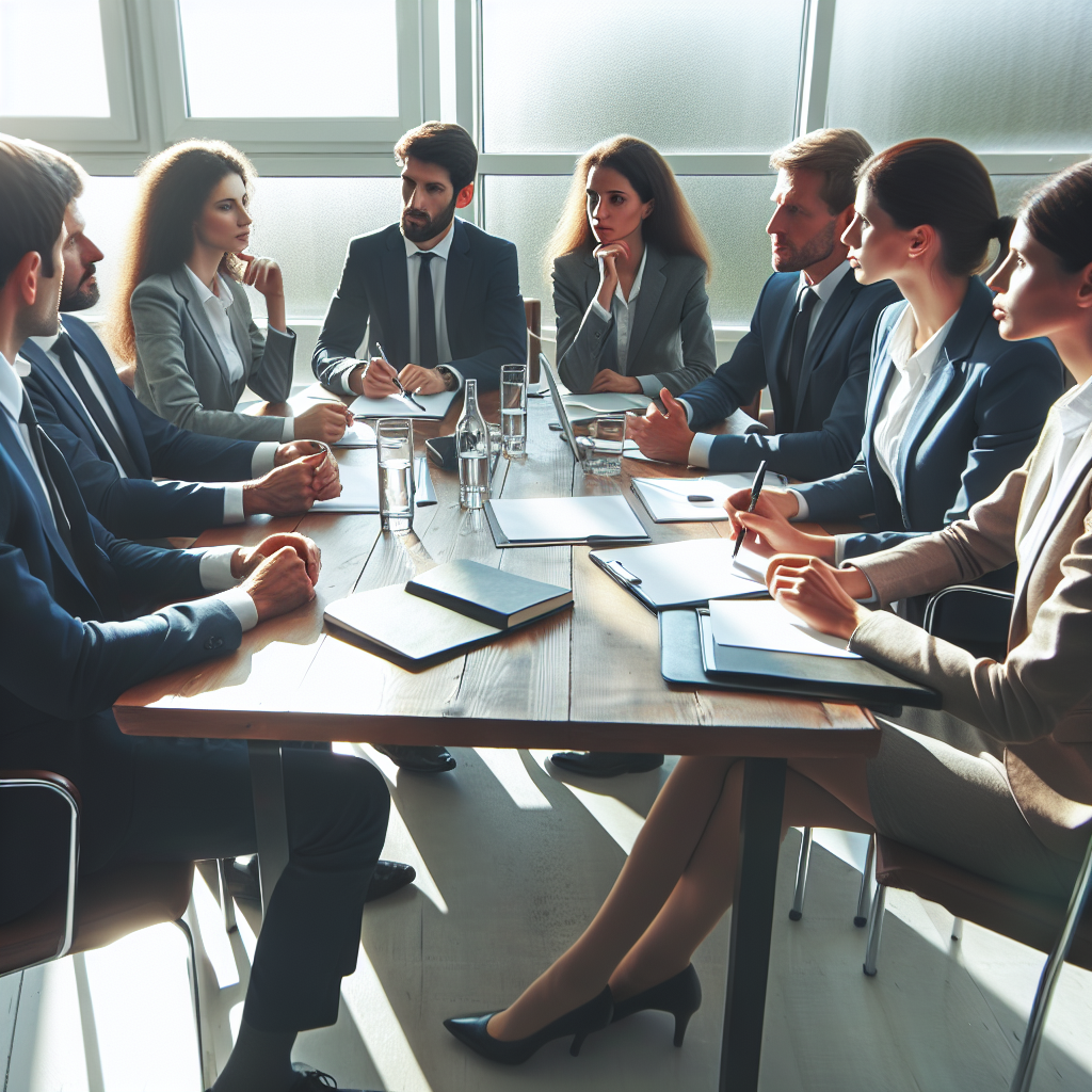 Une équipe de professionnels en réunion, discutant autour d'une table.