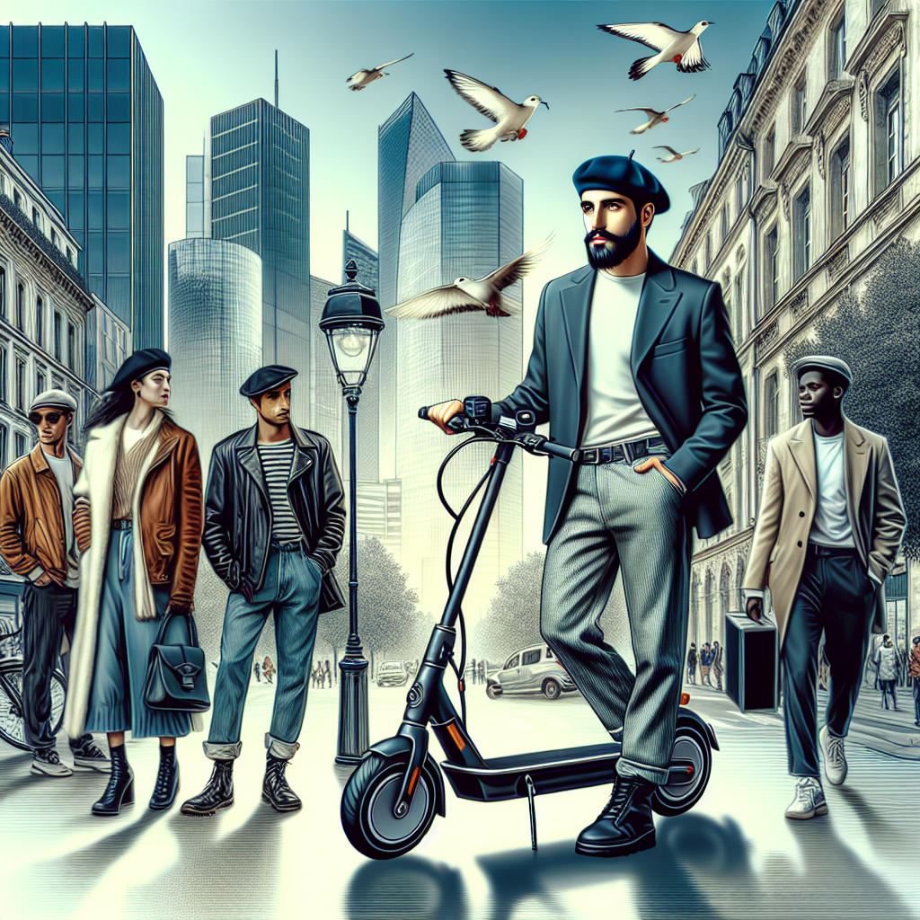 Une trottinette électrique sur un fond urbain moderne.