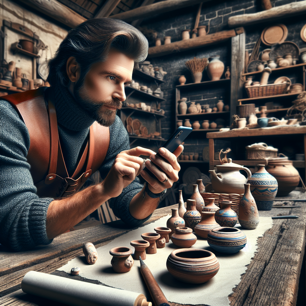 Artisan utilisant un smartphone pour promouvoir ses produits en ligne.