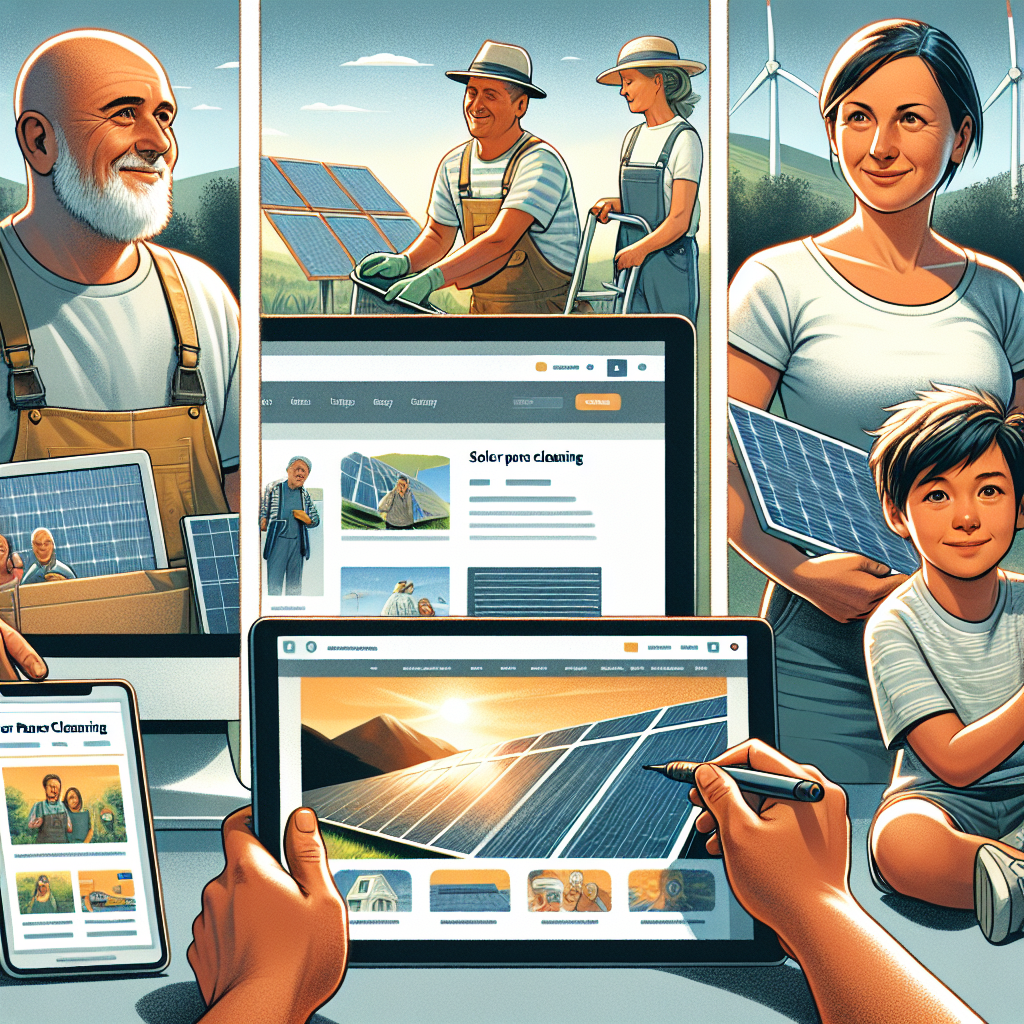 Captures d'écran stylisées de sites web de nettoyage de panneaux solaires.