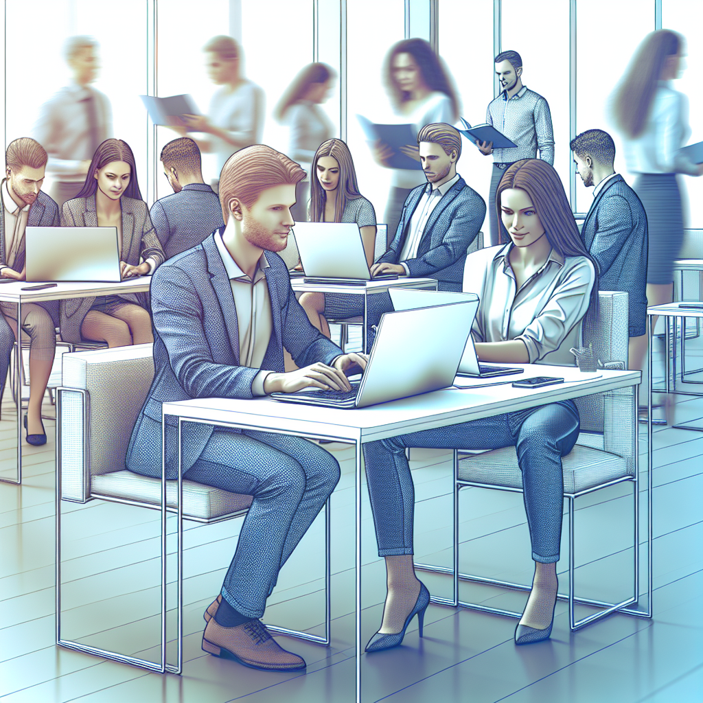 Personnes utilisant un ordinateur portable dans un environnement de bureau moderne.