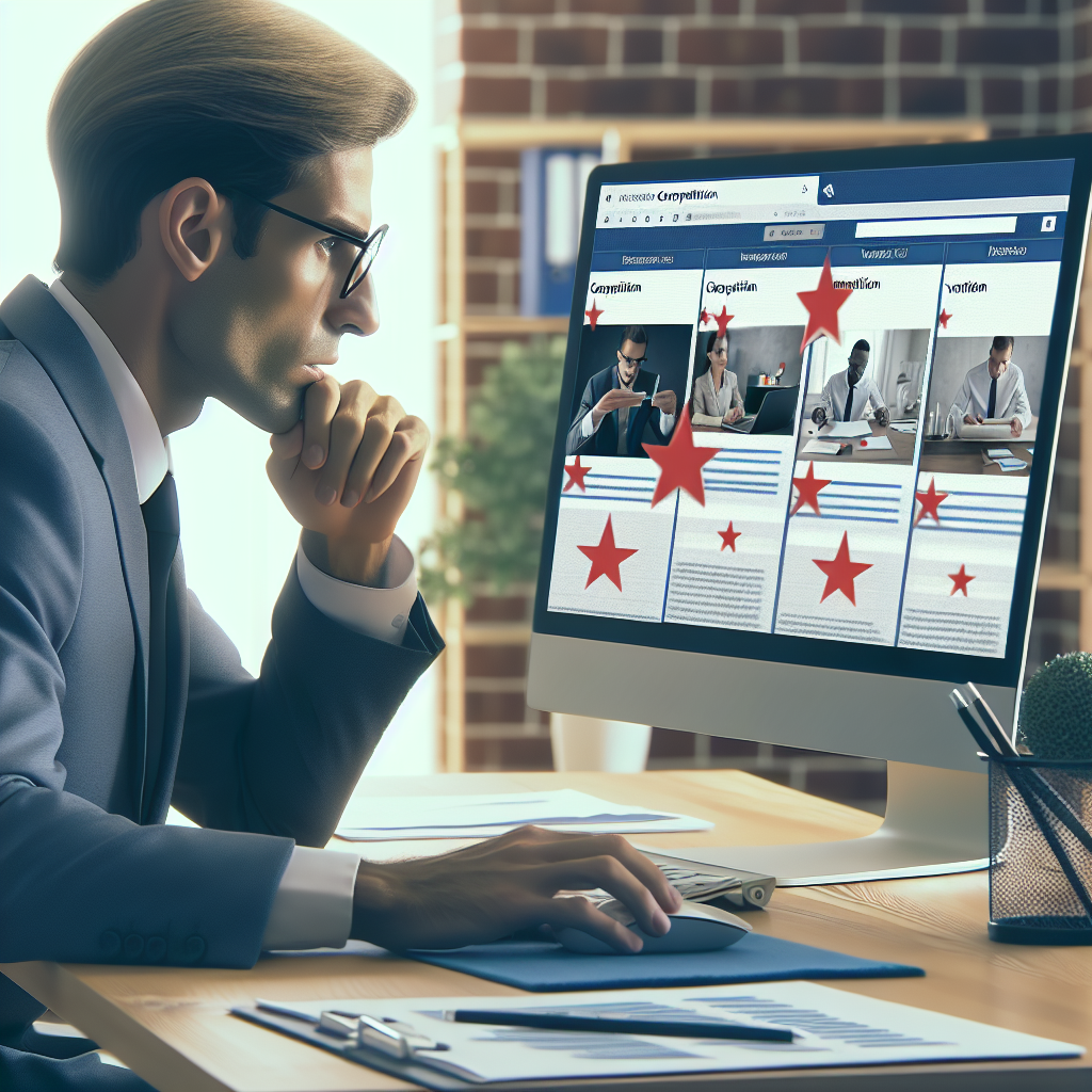 Un analyste examinant des sites web concurrents sur un écran d'ordinateur.