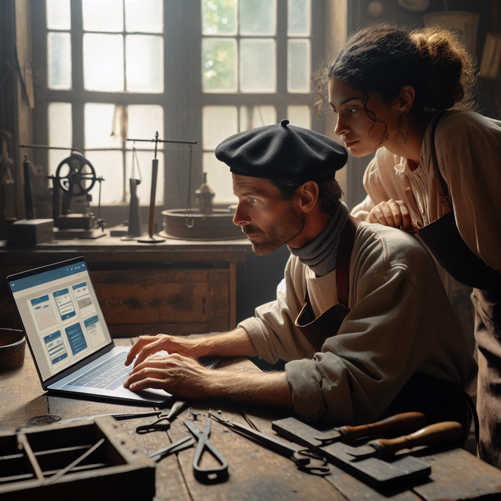 Un artisan comparant différentes plateformes de création de sites sur un ordinateur portable.