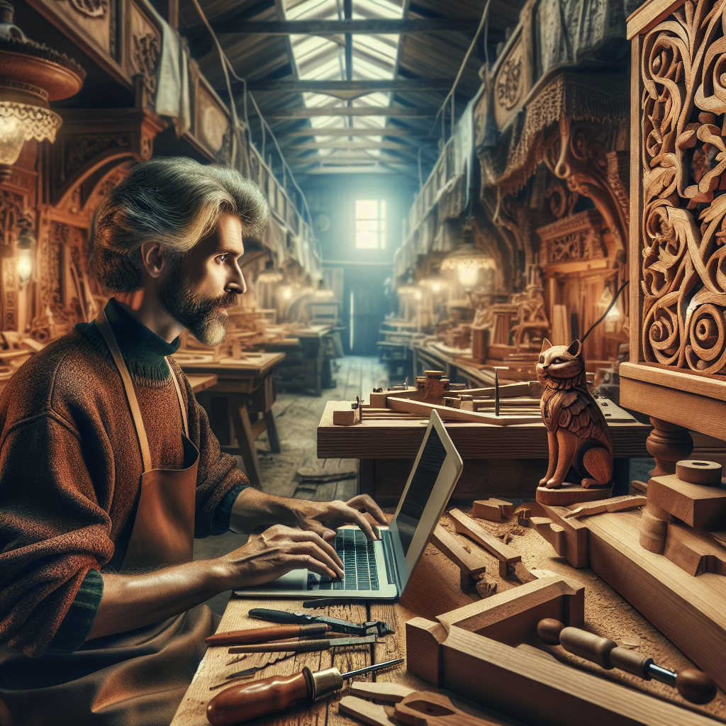 Un artisan travaillant sur un ordinateur portable dans un atelier.