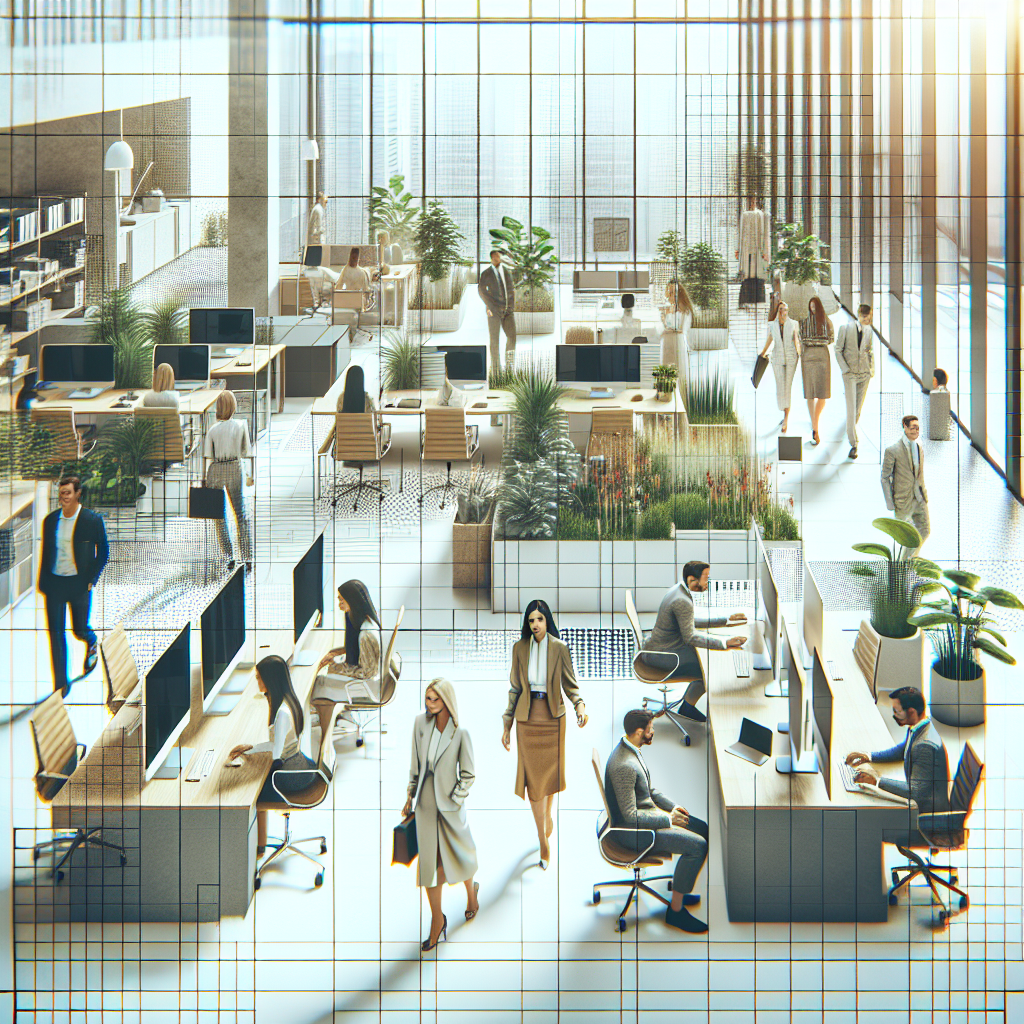 Un bureau moderne avec des ordinateurs et des plantes, représentant une entreprise connectée.