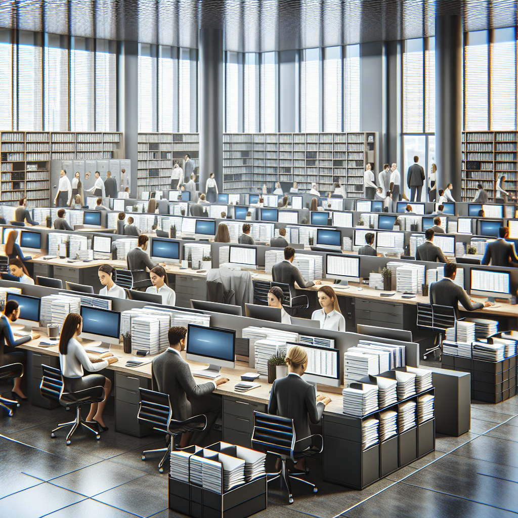 Un bureau moderne avec des ordinateurs et des documents de ressources humaines.