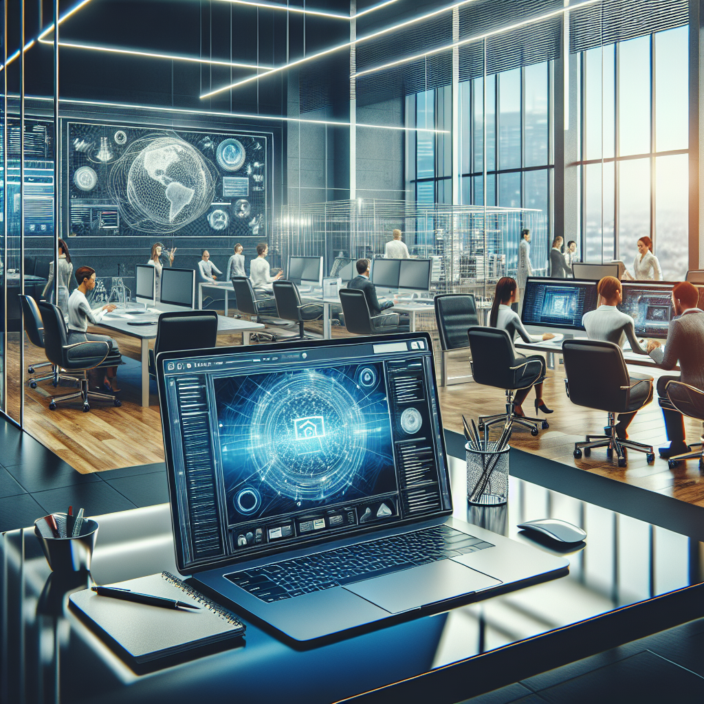 Un bureau moderne avec un ordinateur portable affichant une interface de création de site web.