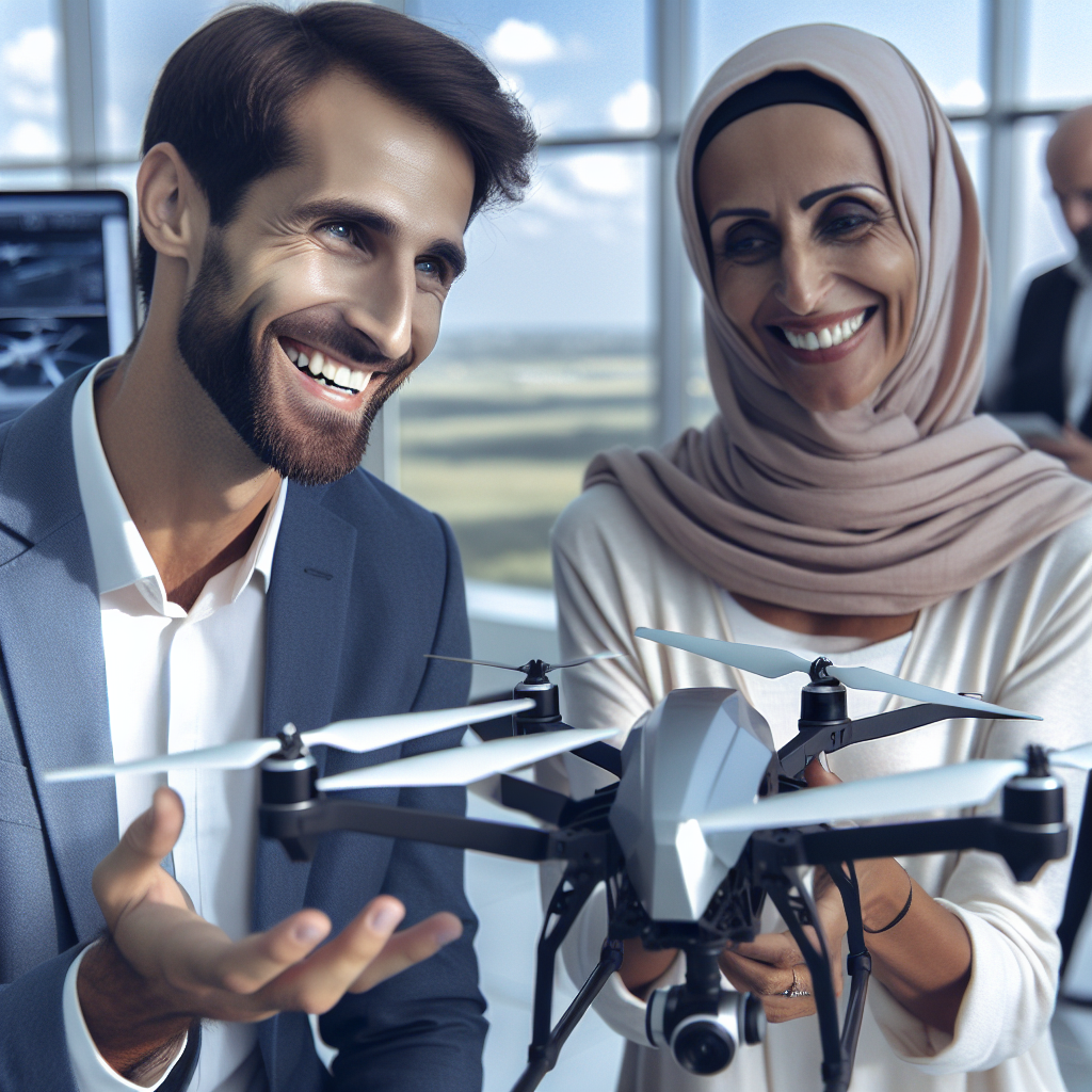 Un client satisfait discutant avec un opérateur de drone.