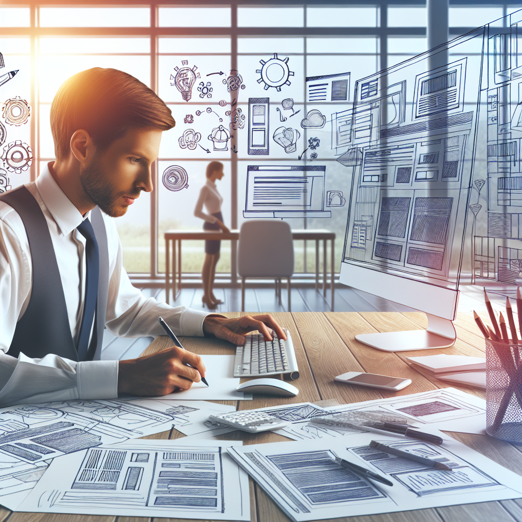 Un designer travaillant sur un ordinateur avec des croquis de design web autour.