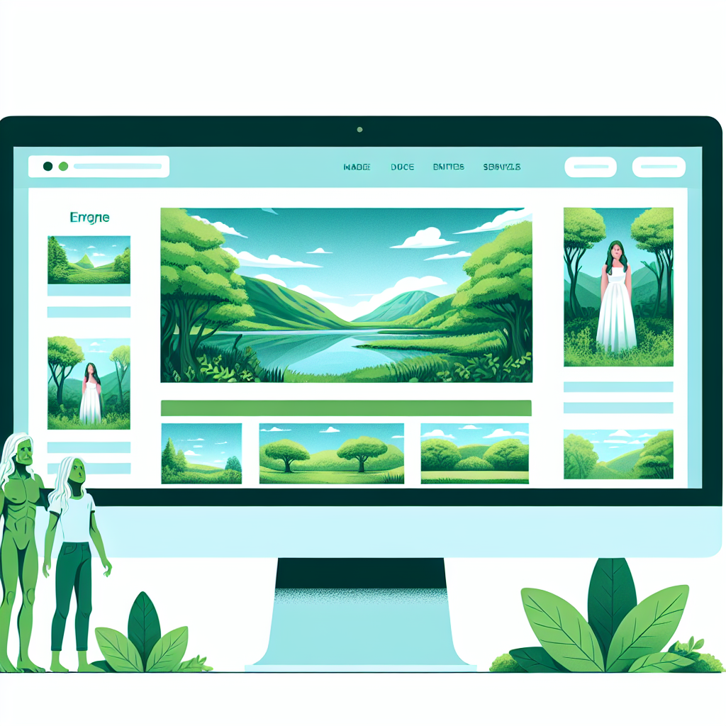 Un écran d'ordinateur affichant un design de site web avec des couleurs vertes et des images de nature