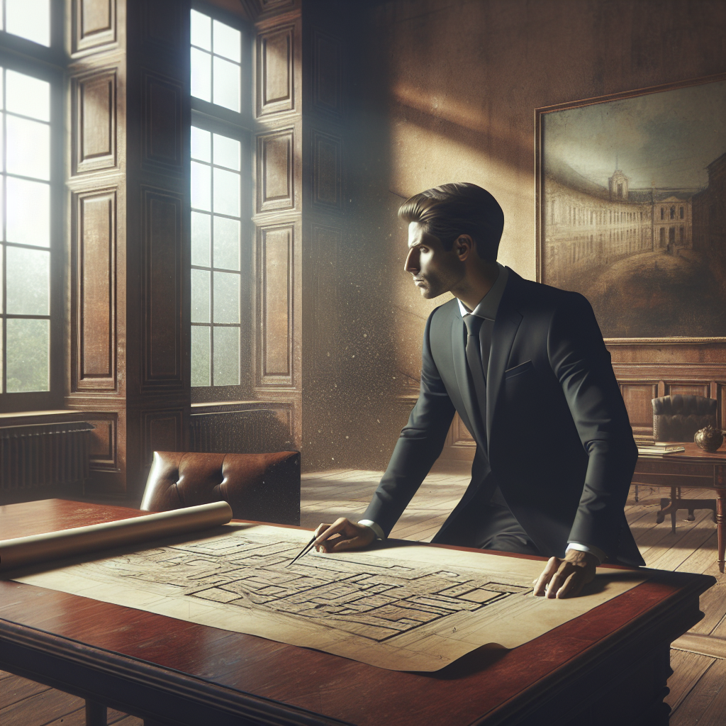 Un entrepreneur réfléchissant à ses objectifs commerciaux avec des plans de construction en arrière-plan.