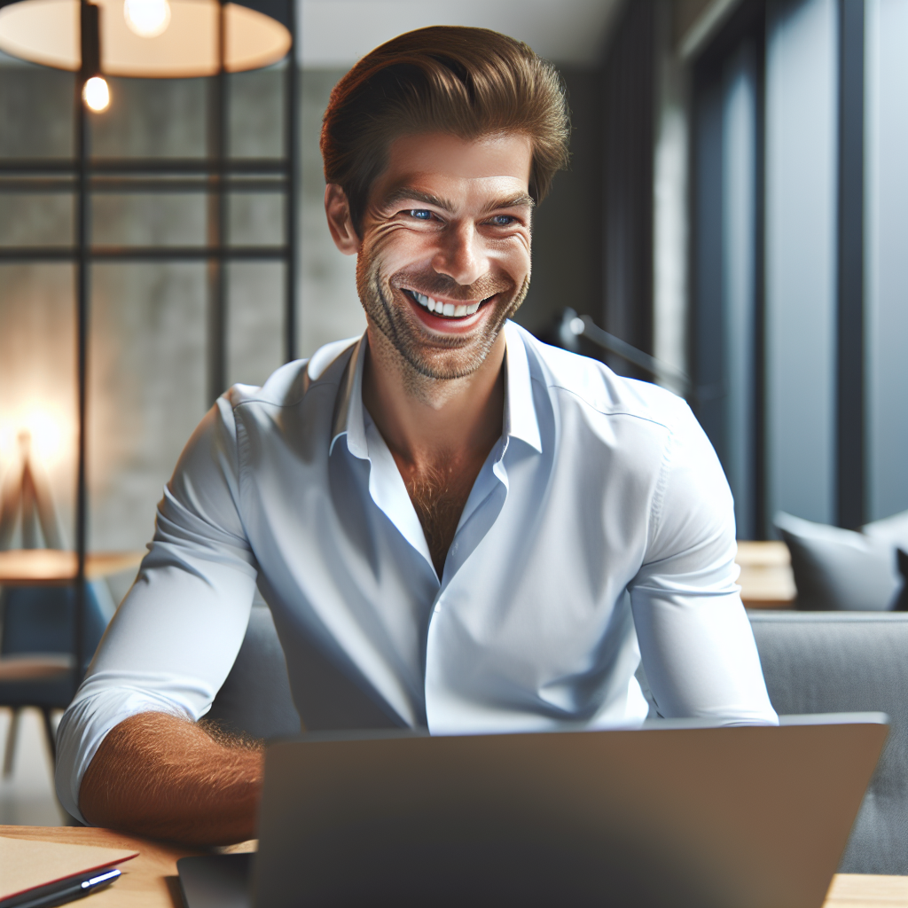 Un entrepreneur souriant travaillant sur un ordinateur portable dans un bureau moderne