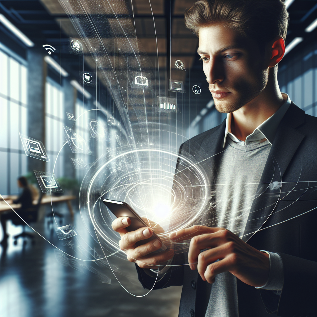 Un entrepreneur utilisant un smartphone pour gérer les réseaux sociaux de son entreprise.