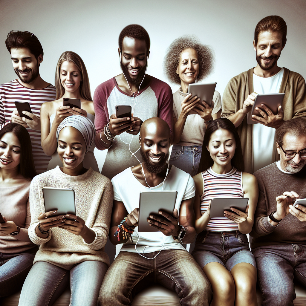 Un groupe de personnes utilisant différents appareils numériques avec des expressions de satisfaction.