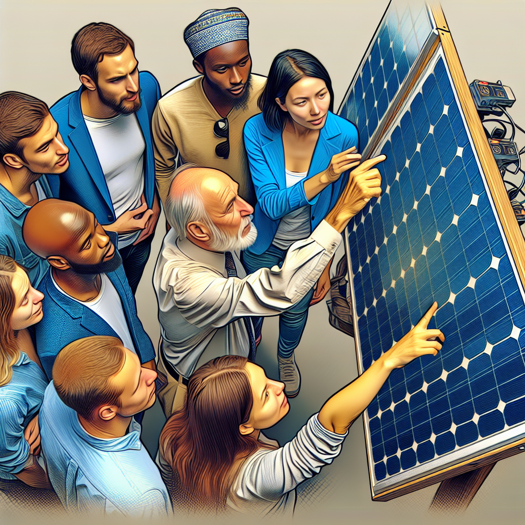 Un groupe diversifié de personnes examinant un panneau solaire.