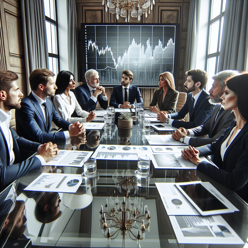 Un groupe diversifié de personnes discutant autour d'une table avec des graphiques de marché.