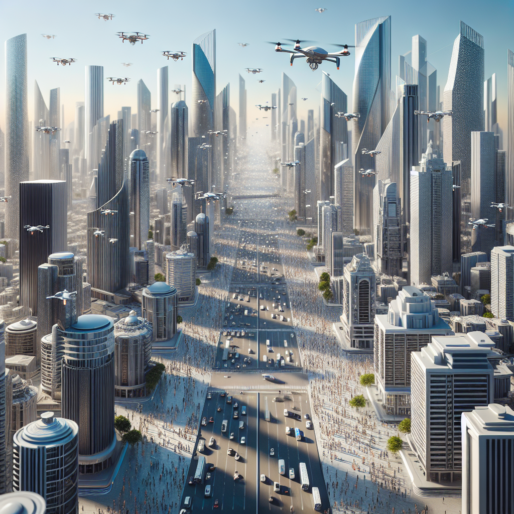 Un paysage avec des drones survolant une ville moderne.