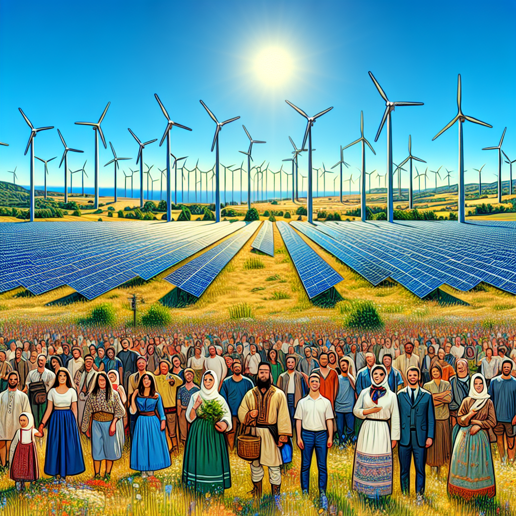 Un paysage avec des panneaux solaires et des éoliennes sous un ciel bleu