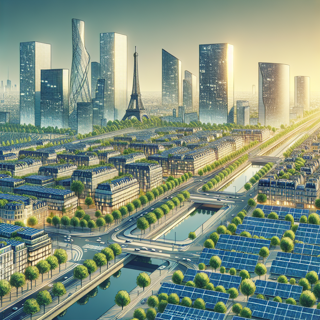 Un paysage urbain avec des bâtiments écologiques et des panneaux solaires.
