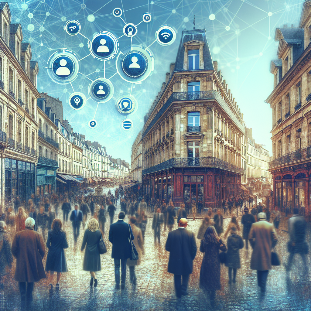 Un paysage urbain avec des icônes numériques symbolisant la connectivité.