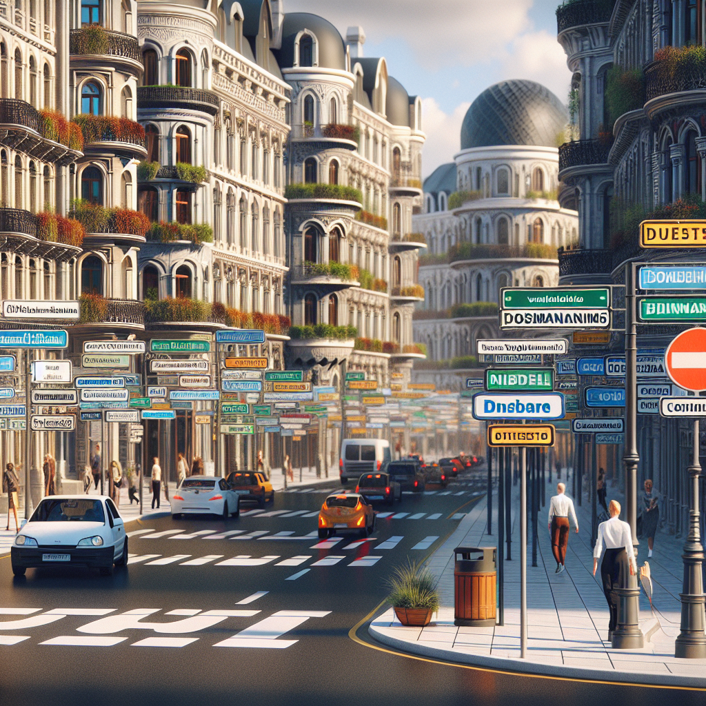 Un paysage urbain avec des panneaux de signalisation portant des noms de domaines imaginaires.