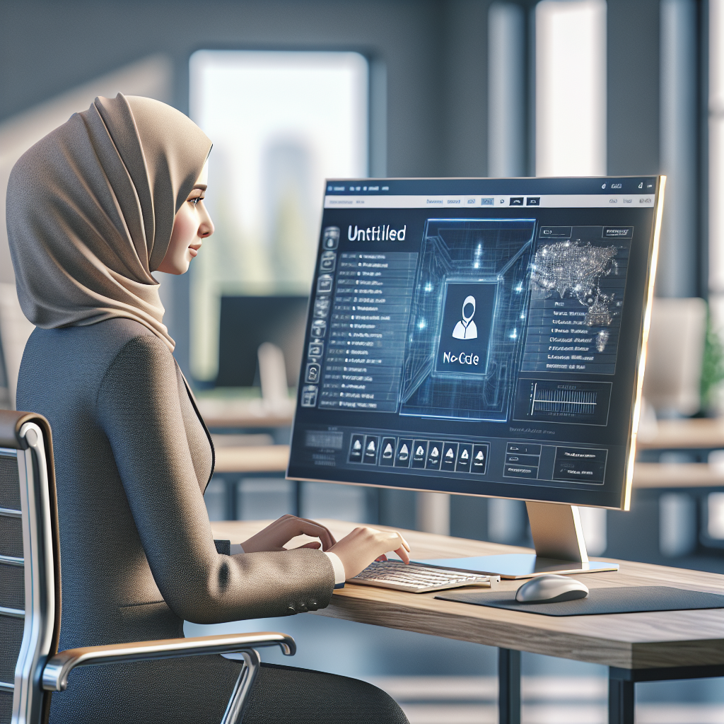 Un professionnel RH utilisant un ordinateur avec un écran montrant une plateforme no-code.