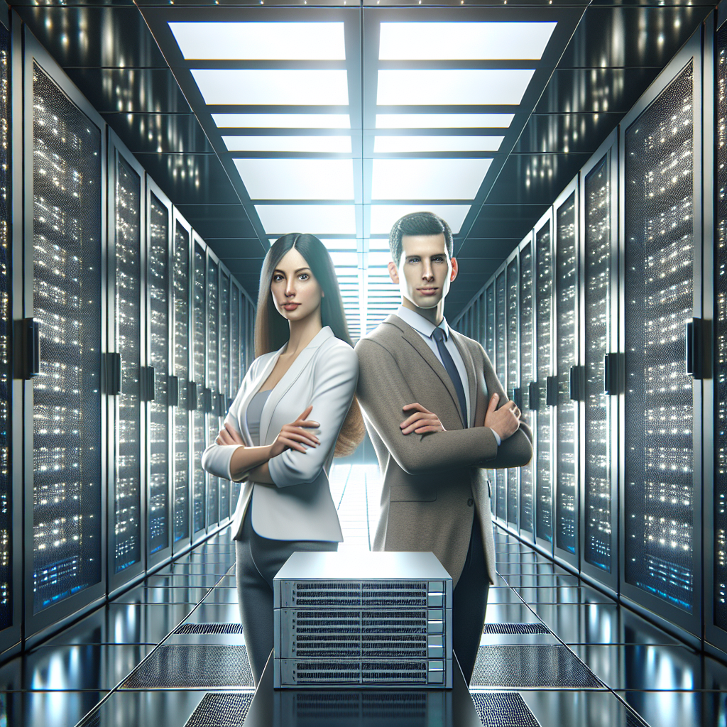 Un serveur moderne dans un centre de données avec des lumières LED.