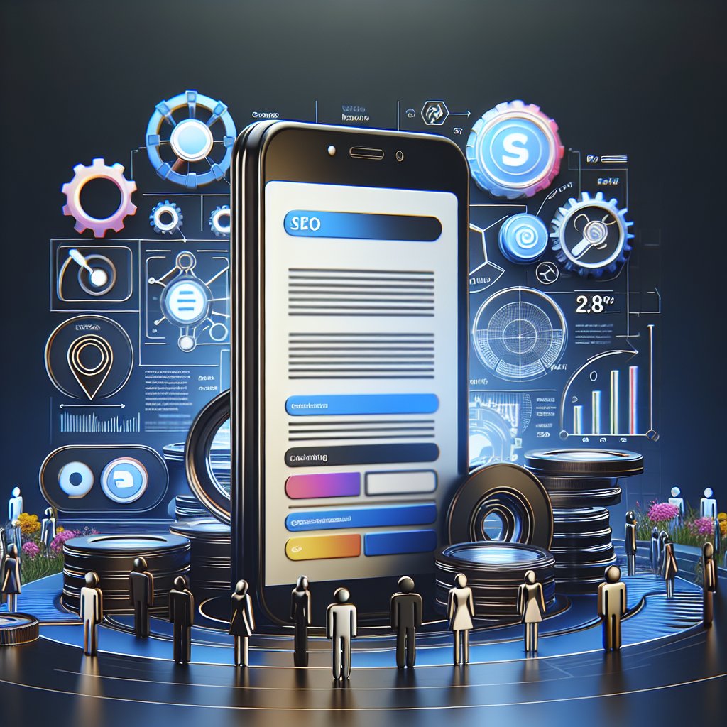 Un smartphone affichant un site web optimisé, avec des graphiques de SEO en arrière-plan.