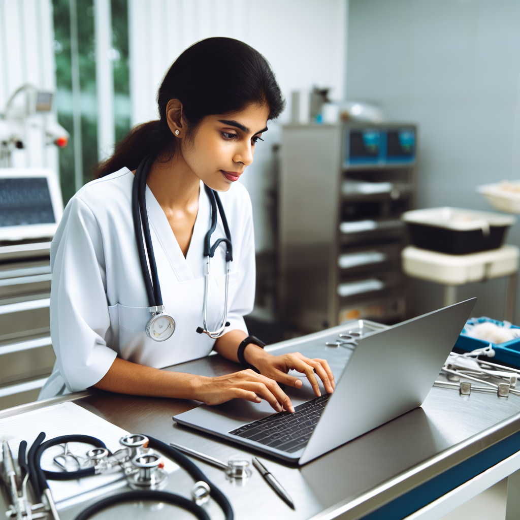 Un vétérinaire utilisant un ordinateur portable dans une clinique moderne.