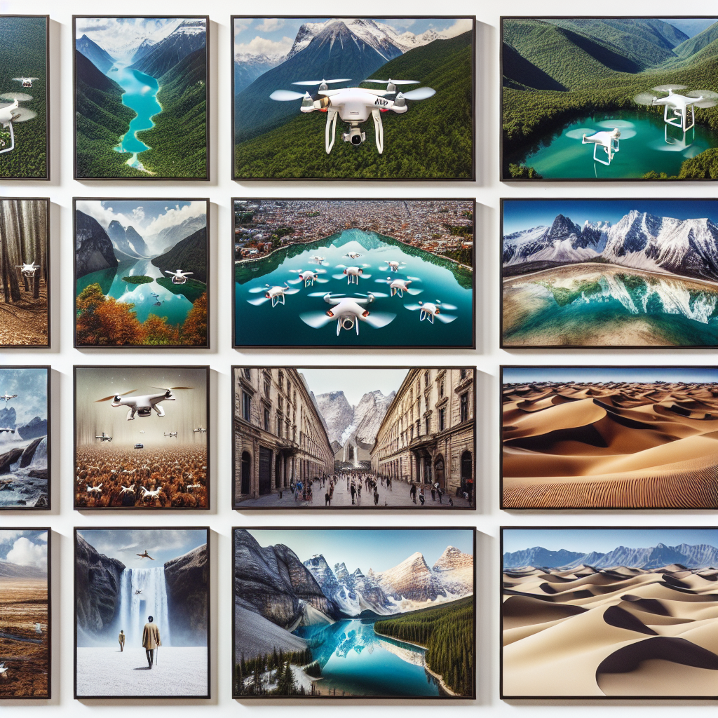 Une galerie de photos de drones en vol dans différents paysages.