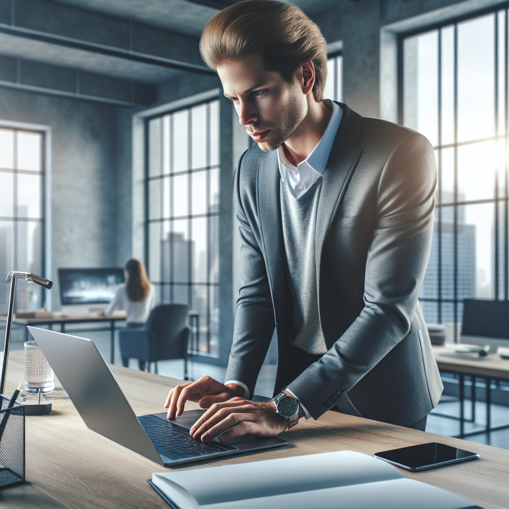 Une personne utilisant un ordinateur portable dans un environnement de bureau moderne.