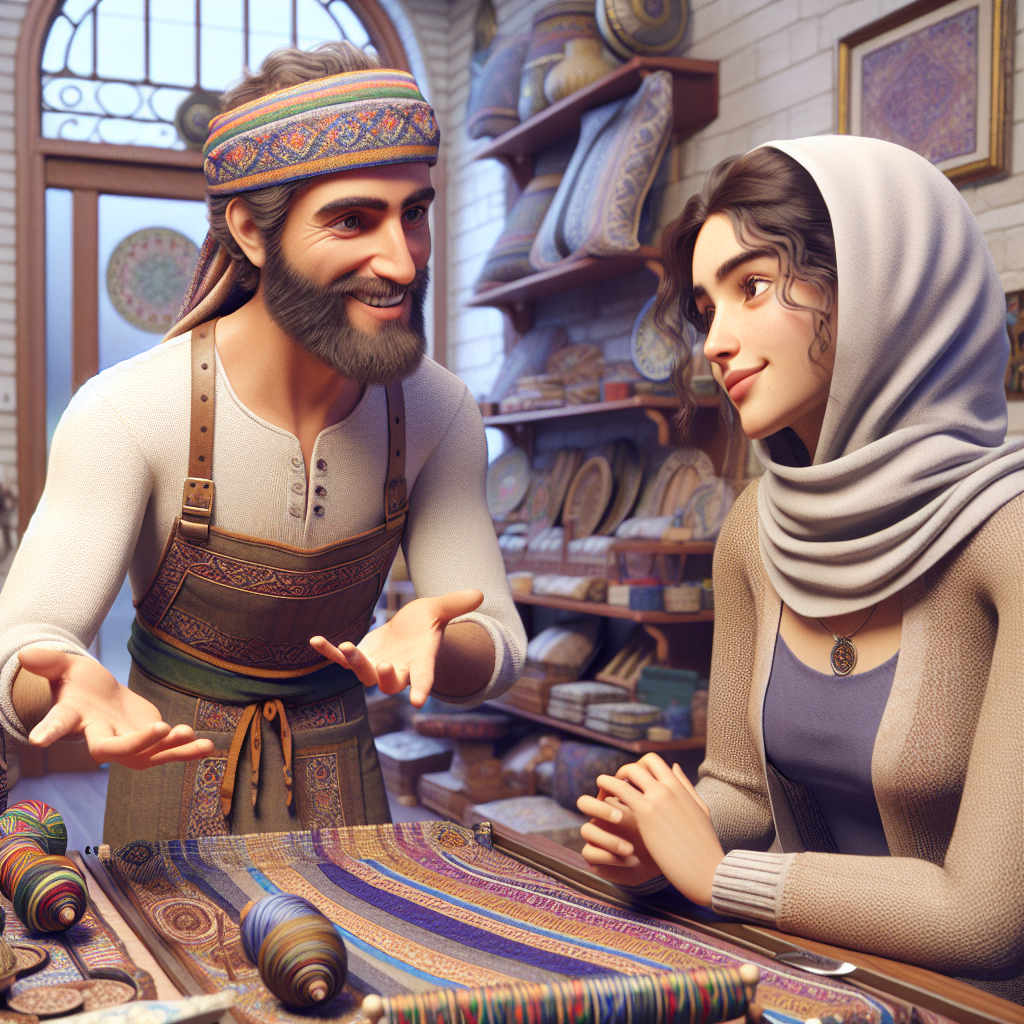 Artisan souriant discutant avec un client dans une boutique.