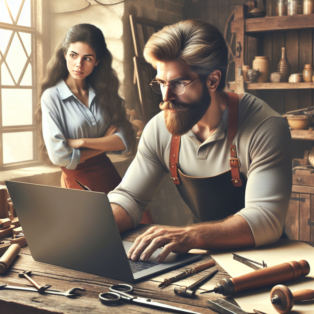 Artisan utilisant un ordinateur portable dans un atelier lumineux.