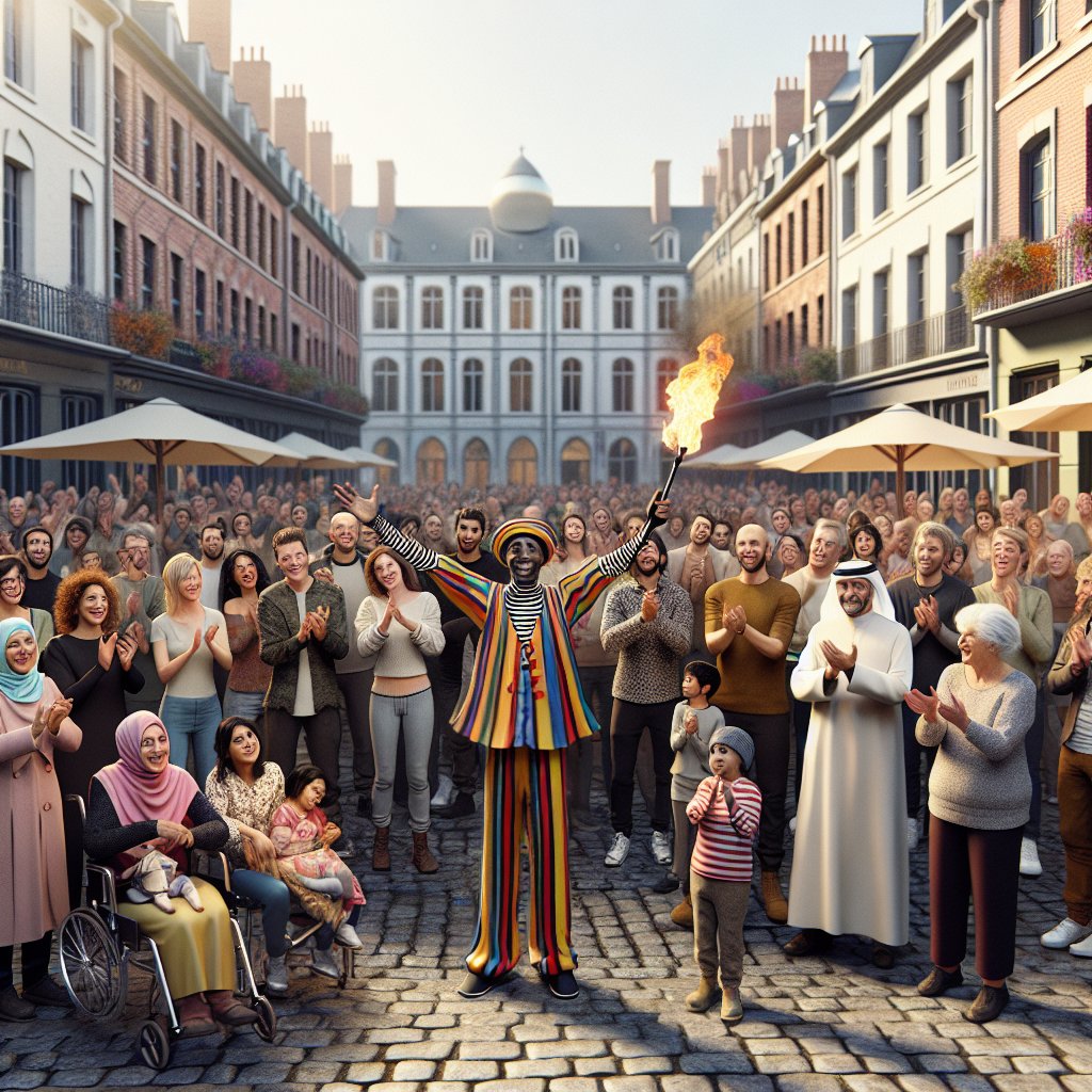 Des artistes de rue performants entourés de spectateurs.