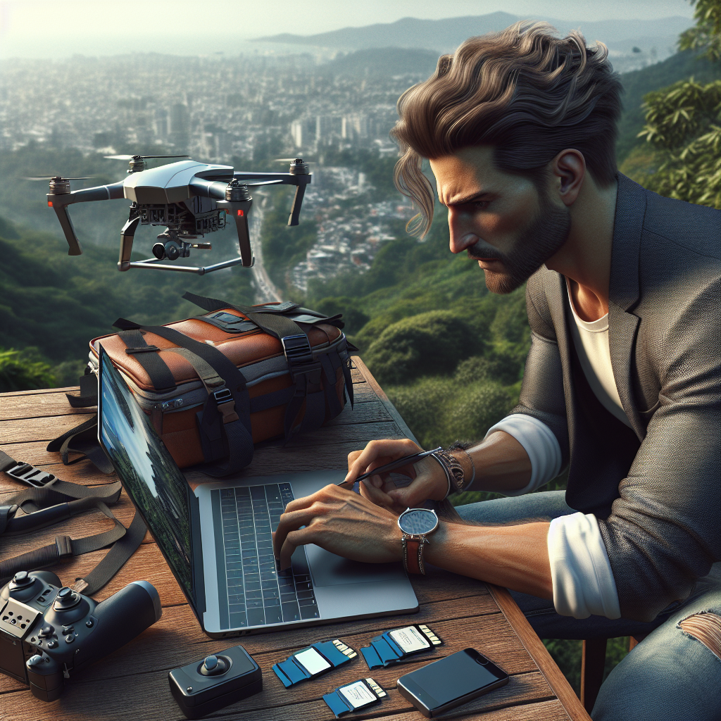 Illustration d'un photographe aérien utilisant un ordinateur portable.