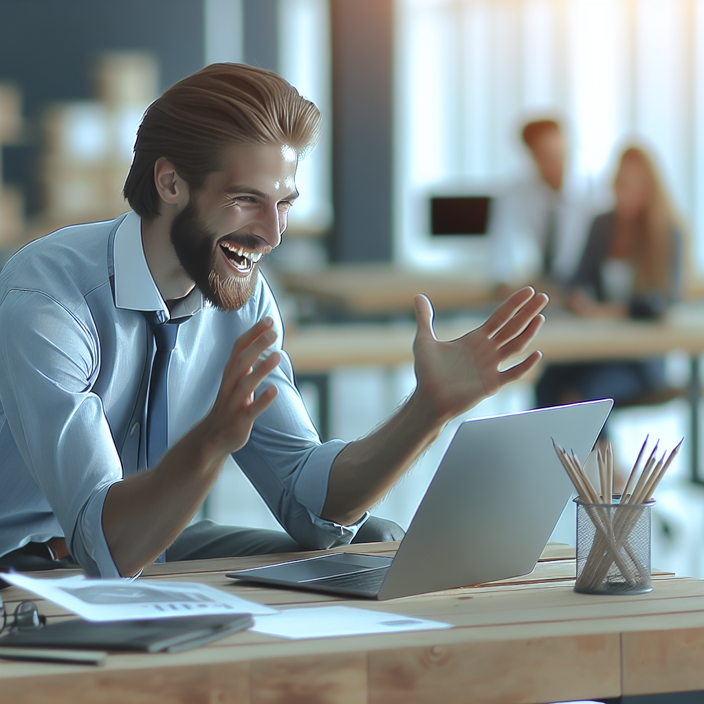 Image d'un entrepreneur heureux utilisant un ordinateur portable dans un environnement de travail moderne.