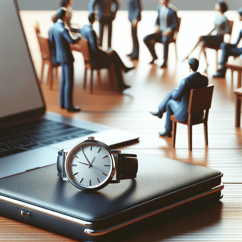Image d'une montre élégante sur un bureau avec un ordinateur portable.