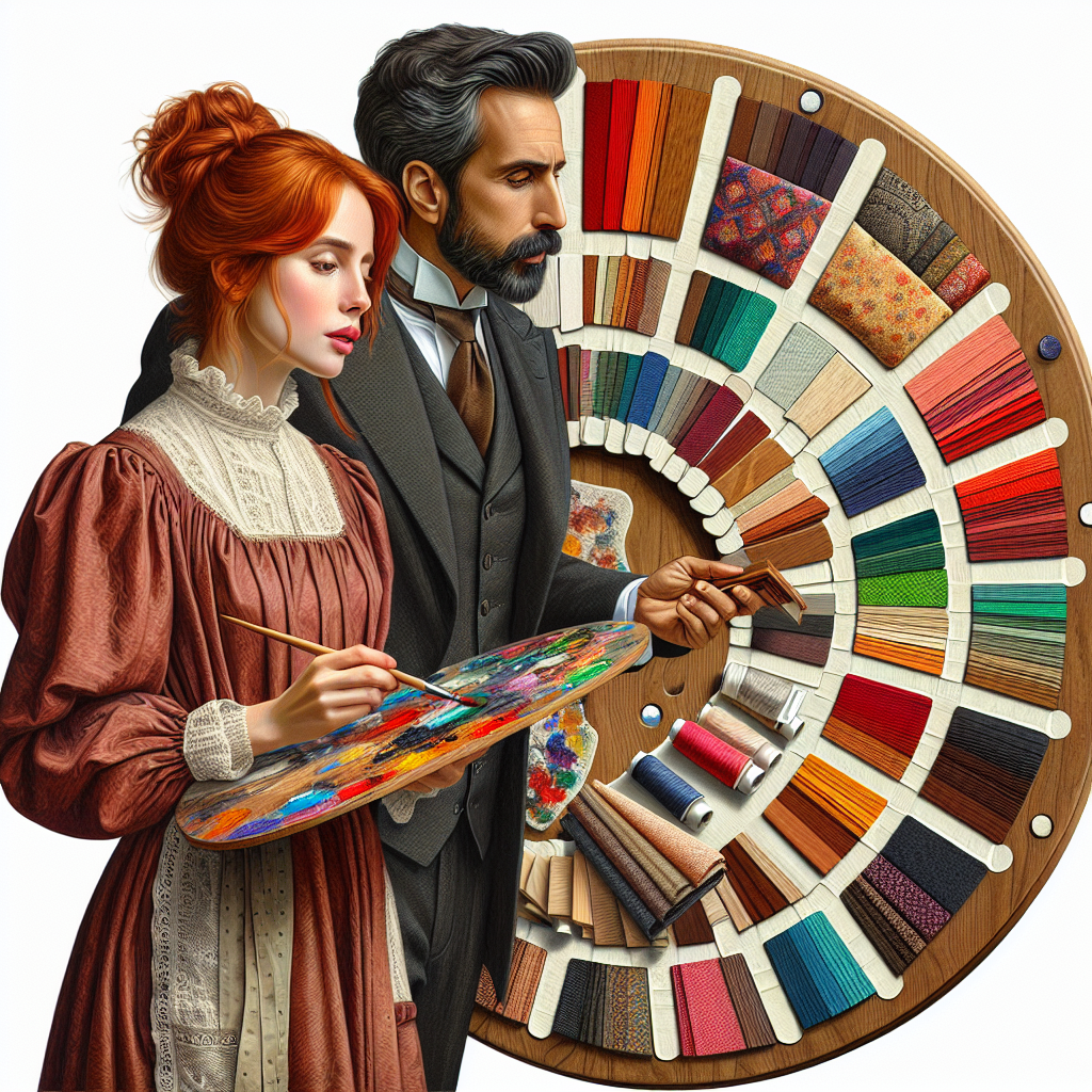Palette de couleurs et échantillons de matériaux artisanaux.