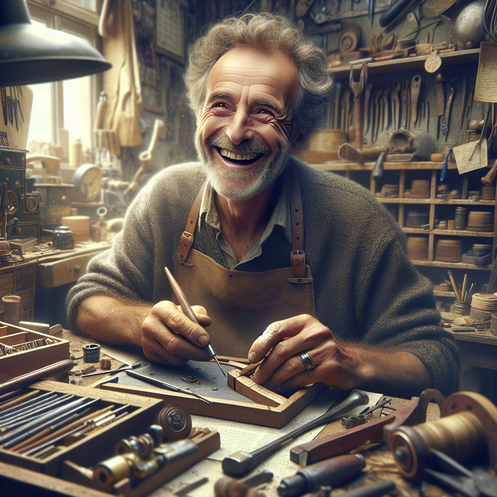 Portrait d'un artisan souriant dans son atelier.