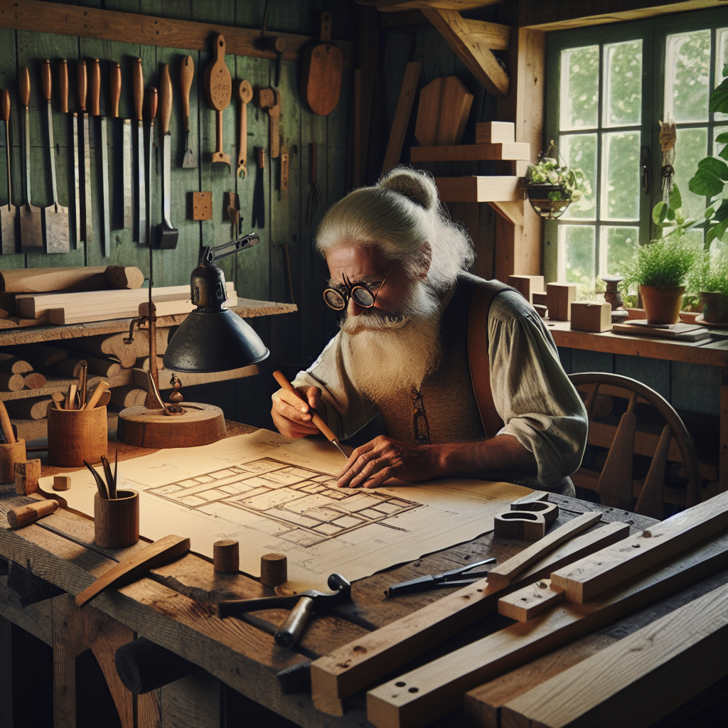 Un artisan en train de dessiner des plans de meubles sur une table de travail.