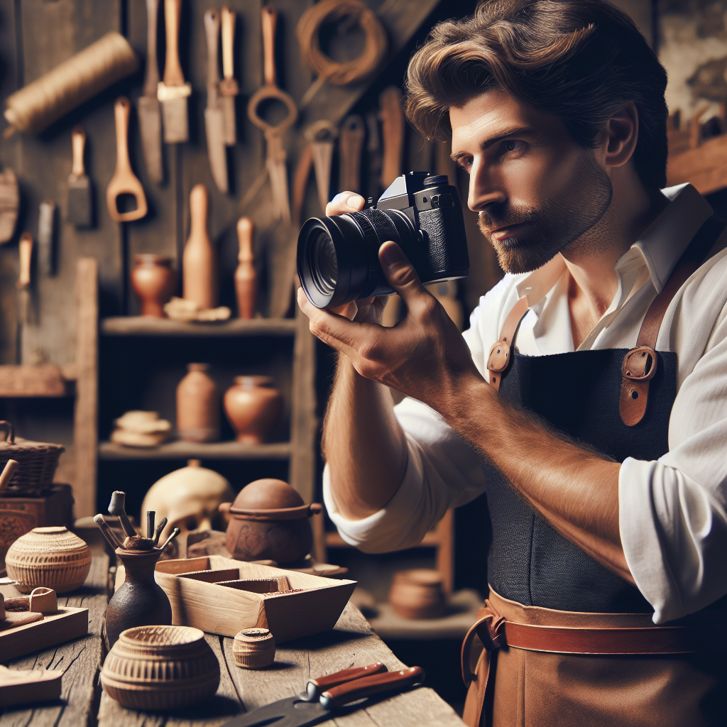 Un artisan prenant une photo de ses produits pour les réseaux sociaux.