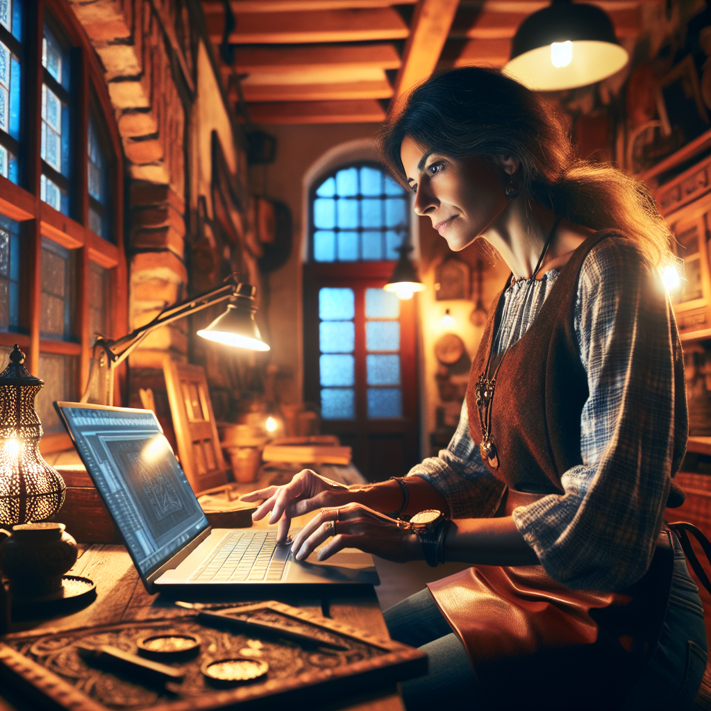 Un artisan utilisant un ordinateur portable dans un atelier chaleureux.