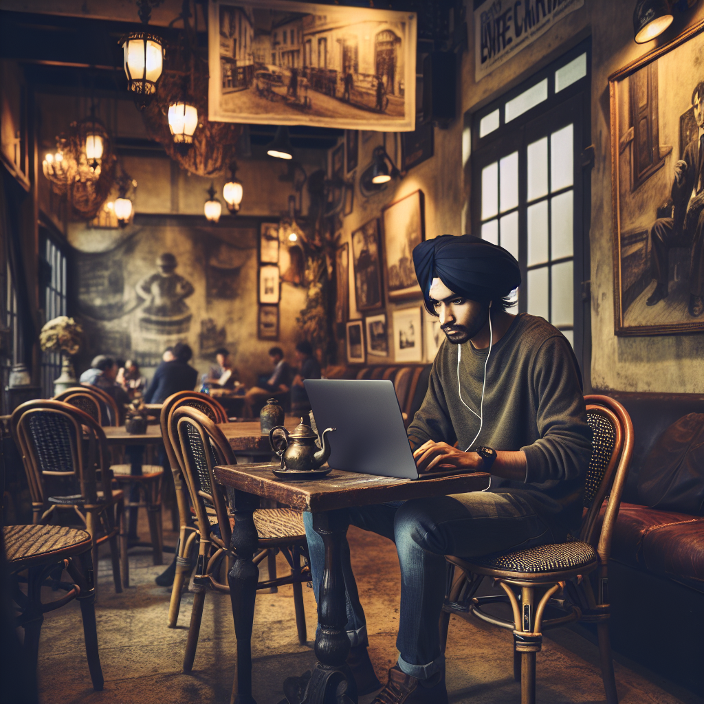 Un artiste de rue utilisant un ordinateur portable dans un café.